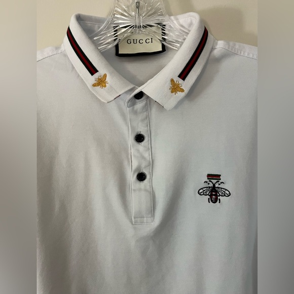 GUCCI Men’s Classic Style White Cotton Polo Shirt Embroidered Bee/Logo; Size XXL - Picture 2 of 12